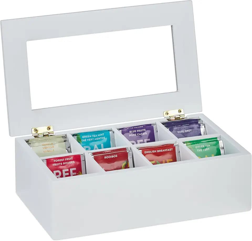 Relaxdays Teebox, 8 Fächer, Bambus, HBT: 9x28x16 cm, für Tee & Kaffeepads, Teekasten mit Deckel, staubgeschützt, weiß