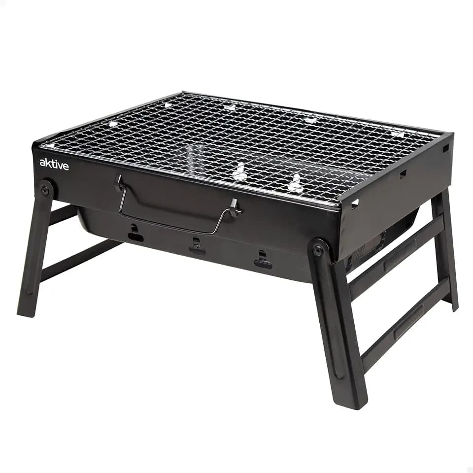 AKTIVE Tisch-Holzkohlegrill, Stahl, Tragbar, Schwarz, Rechteckig, Zusammenklappbar, 40x28x20 cm, Mit Tragegriff, Leicht zu transportieren, Campinggrill, Terrasse, Balkon, Holzkohlegrills, BBQ (63031)