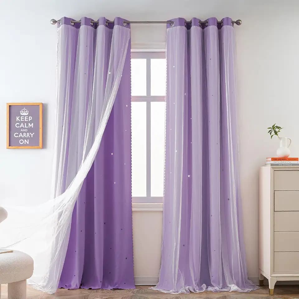 Yancorp Purple Curtains for Bedroom Living Room Thermal Insulated Kids Curtain Hollow-Out Star Window Nursery Curtain 63 inches Length Room Darkening Grommet(Purple,34 * 63),1 Panel