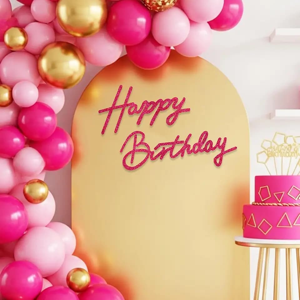 TONIFUL Happy Birthday Sign for Backdrop - Glitter Hot Pink Felt Banner - Includes Dot Glue - Perfect for Birthday Party Backdrop,Wall Decor,Balloon Arch,Photo Background