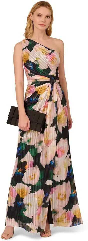 Black Blush Multi Floral Print Chiffon Gown With One Shoulder Neckline by Adrianna Papell