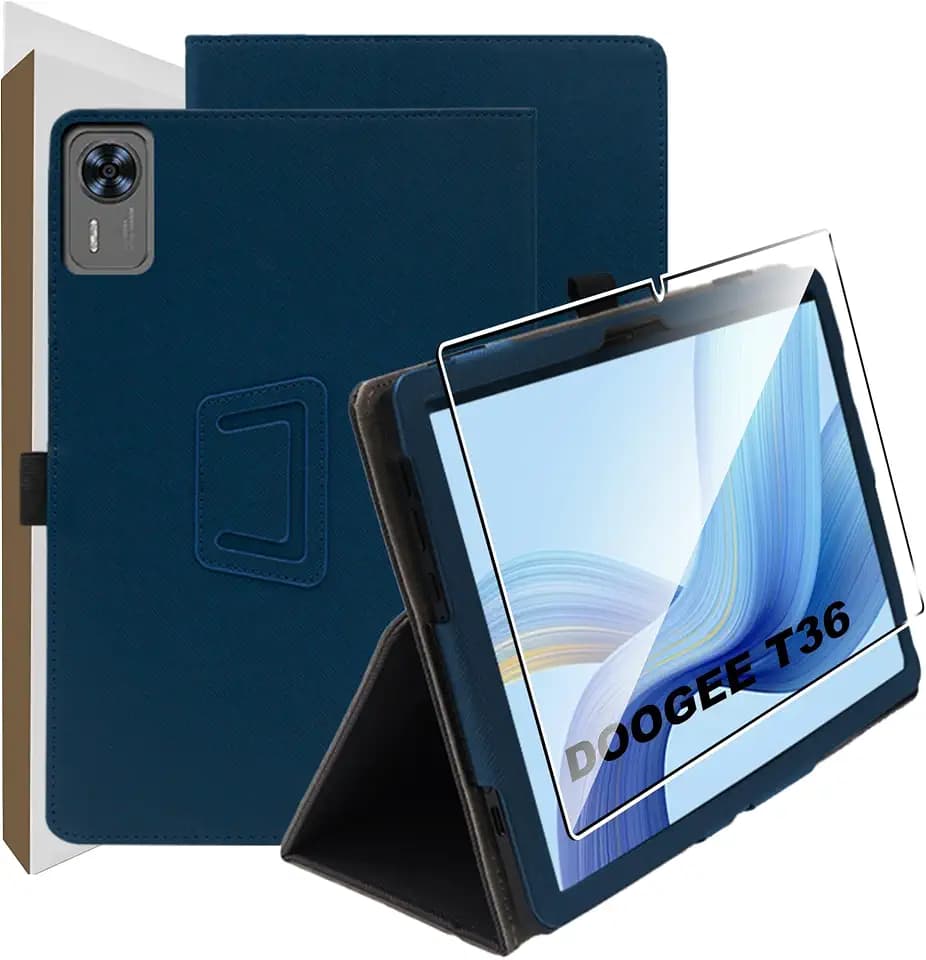 zZjoOoj Hülle für DOOGEE T36 12 Zoll Tablet Schutzhülle,Ultra Dünn PU Case Cover,Tablet Protection Bundle with 1 Stück 9H Härte Anti-Kratzen Folie, Vertical Stand Function,Marineblau
