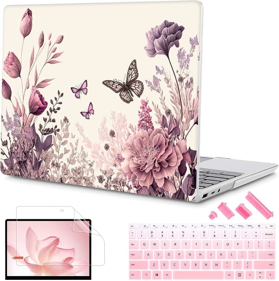 Mektron Case for 13.5" Microsoft Surface Laptop 5/4/3 with Metal Palm Rest Model 1951/1868, 2019/2021/2022 Release Plastic Hard Shell Cover with Screen Protector, Butterfly Flower C074