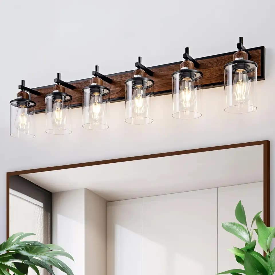 Lanhall 6-Light Farmhouse Bathroom Light Fixtures Vintage Bathroom Vanity Lights Over Mirror Black and Wood Painted Metal Vanity Light for Bathroom with Glass Shades E26 Socket