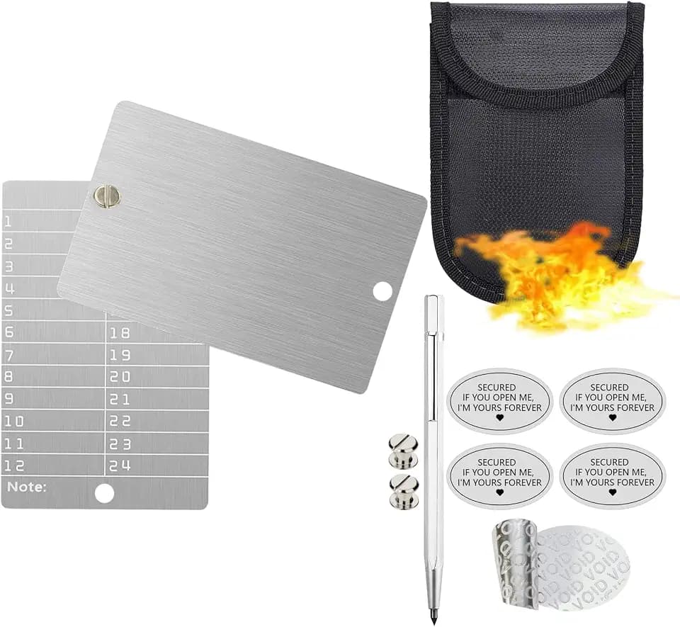 10 in 1 Stainless Steel Bitcoin Crypto Wallet Kit with Fireproof Waterproof Bag, Engraving Pen, Security Seal for Digital Cryptocurrency Backups Seed Storage Compatible with BIP39 Hardware