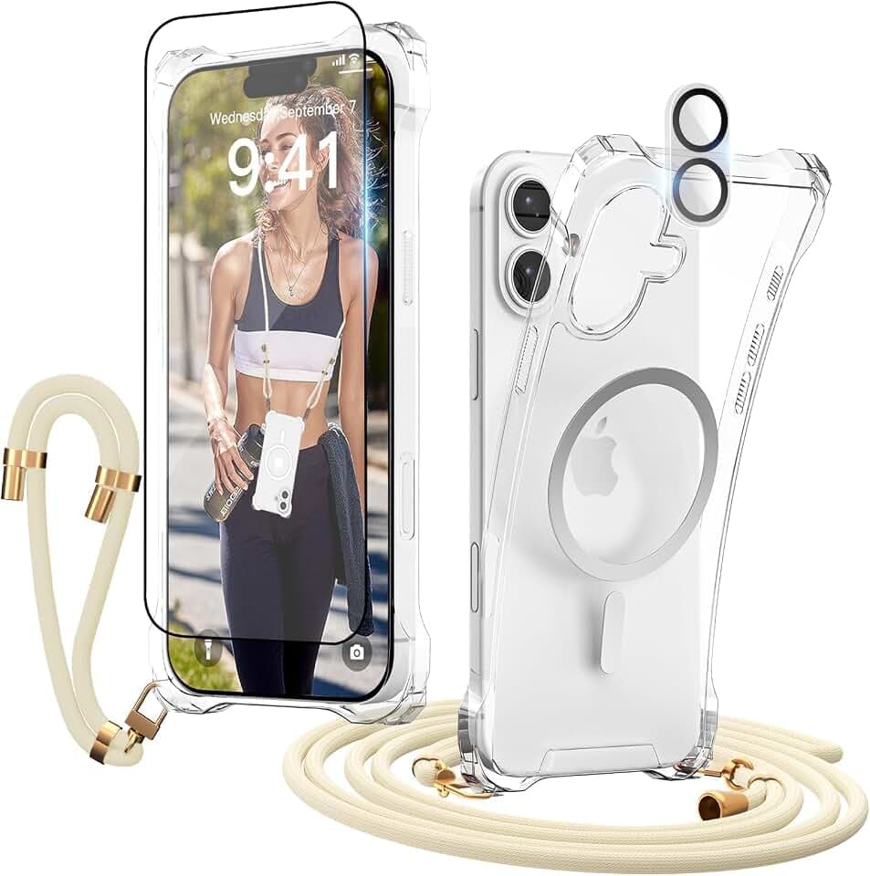 Beige Handykette für iPhone 16 Hülle mit Band Panzerglas Kameraschutz