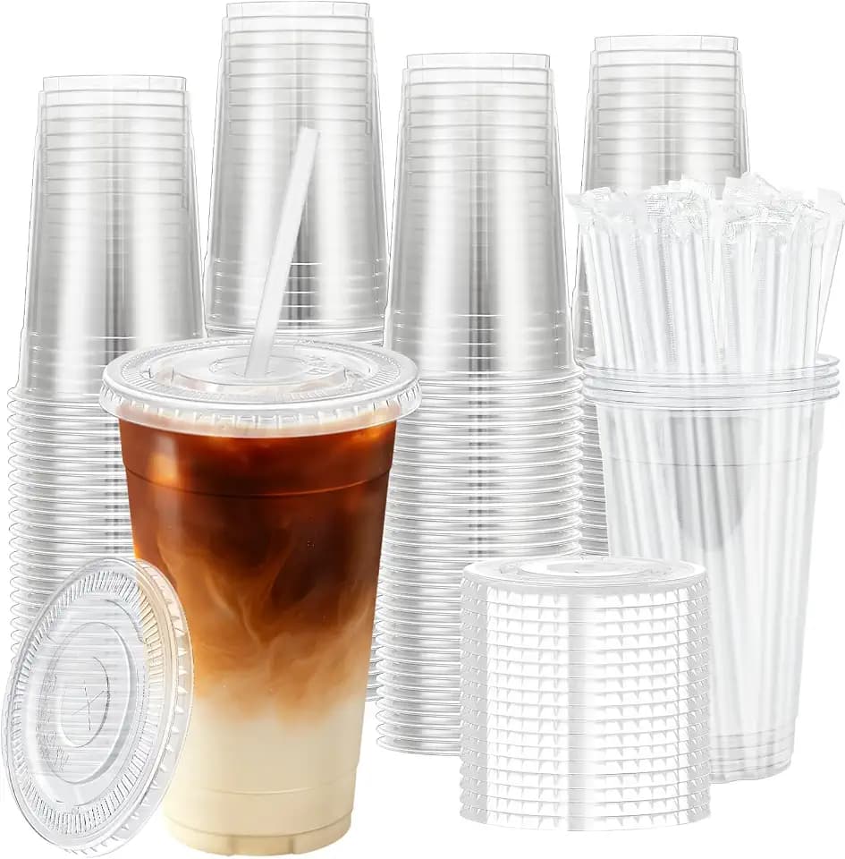 BYSNOW 24 oz 100 Pack Clear Plastic Iced Coffee Cups with Lids Disposable