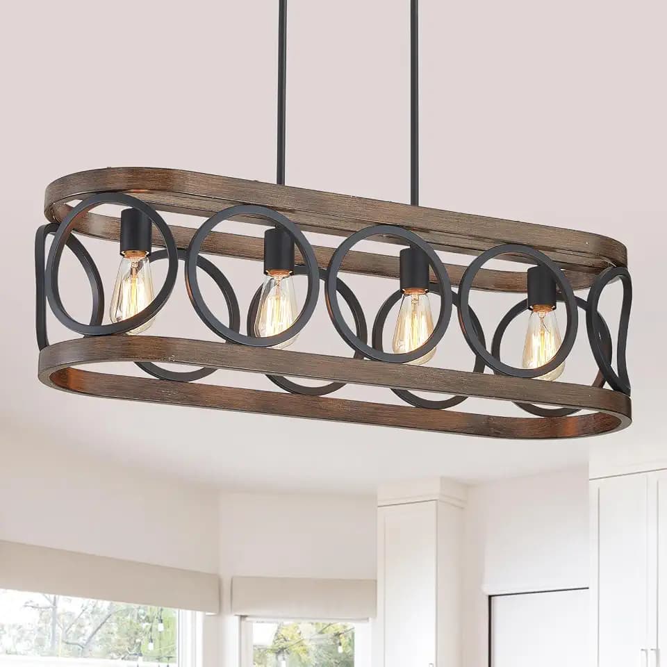 XINGQI 32.7" Kitchen Island Chandeliers Over Table Black Rectangular Linear Pendant Lighting Fixtures Farmhouse 4-Light Wood Grain Finish for Dining Room Living Room Bar Office Coffee Shop