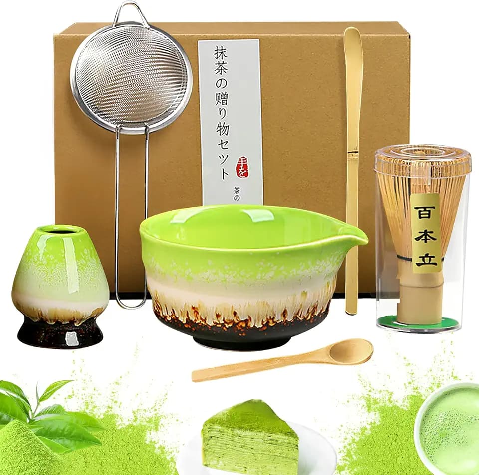 Matcha Besen Set, 6 Stück Matcha Tee Set mit Matcha Besen, Edelstahlsieb, Matcha Schale, 2 Matcha Löffel, Besenhalter aus Keramik, Japanisches Matcha Tee Set für Matcha-Liebhaber（Matcha Grün