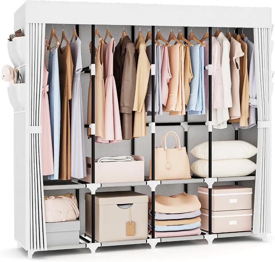 Kleiderschrank, Stoffschrank,170cm breit, Stoffschrank mit großer Kapazität, mit Abdeckung, 4 Lagerregalen und 4 Kleiderstangen, stabiler freistehender textil kleiderschrank für das Schlafzimmer Weiß