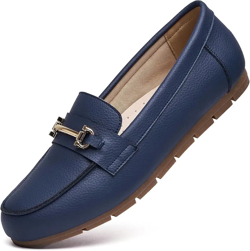Genuine Leather Loafers for Women Driving Moccasins Business Casual Work Shoes Comfortable & Lightweight Womens Dress Flats Slip On Shoes Navy Blue Size 7 Wide Width