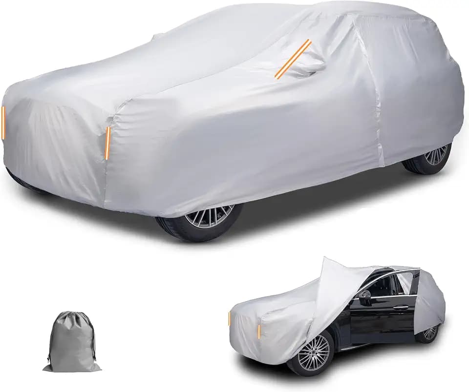 Caromop 10-Layer Waterproof Car Cover All Weather Protection (Snow, Rain, Sun) with Secure Fit Straps and Easy On/Off Zipper-Size S3 (See Size-Chart)