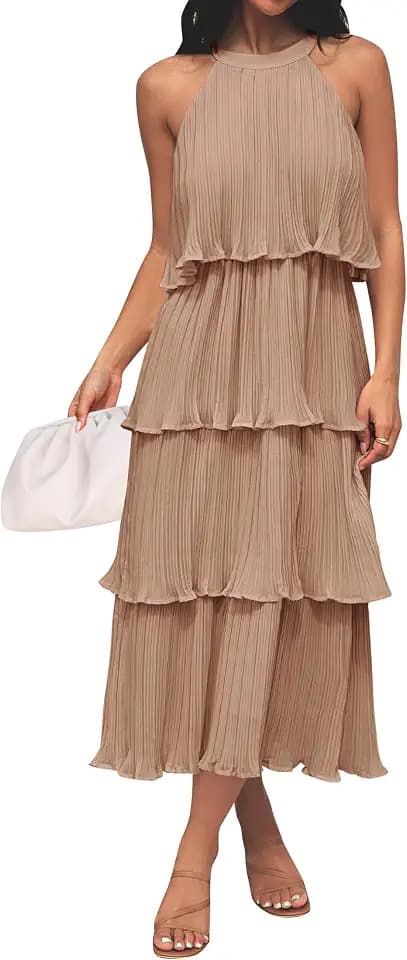 ZESICA Womens Summer Halter Ruffle Wedding Guest Midi Dresses