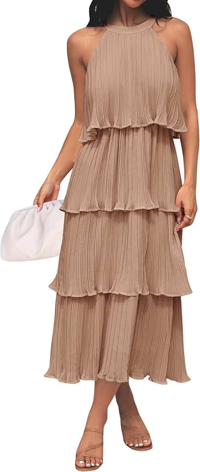 ZESICA Womens Summer Halter Ruffle Wedding Guest Midi Dresses