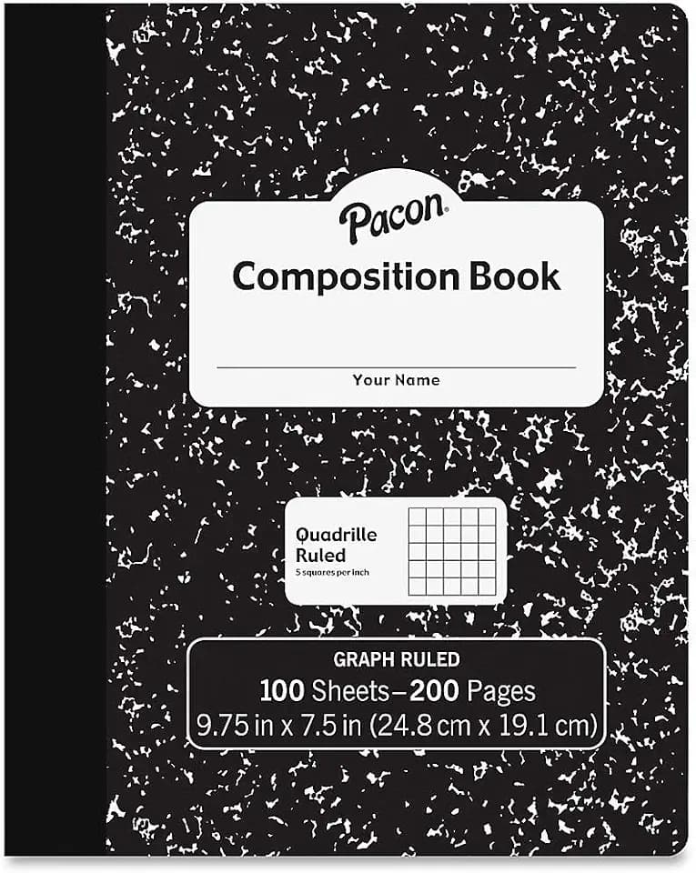 PACON Composition Book, Black Marble, 1/5" Quadrille Ruled, 9-3/4" x 7-1/2", 100 Sheets (PMMK37103)