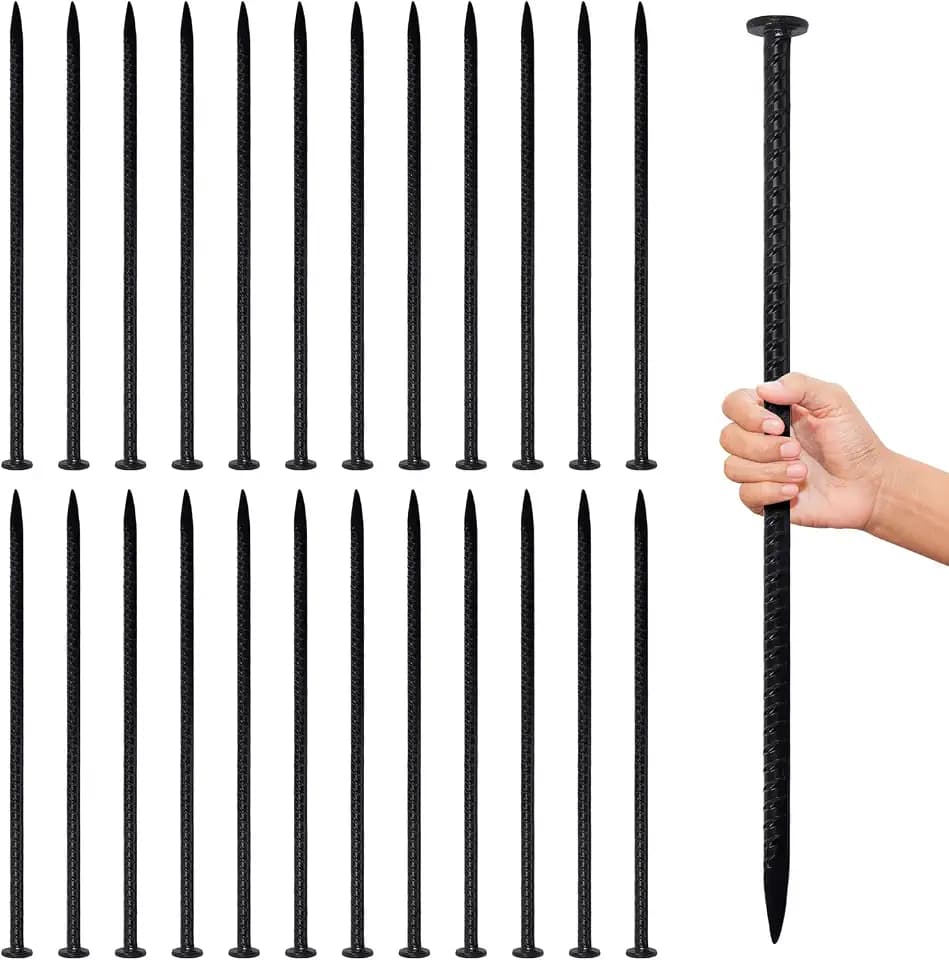 16 Inch Rebar Stakes, 1/2 Inch Diameter Galvanized Steel Ground Anchors, Heavy Duty Metal Spikes for Speed Bump, Wheel Stop, Parking Curb and Tent (24 Pack, Black)