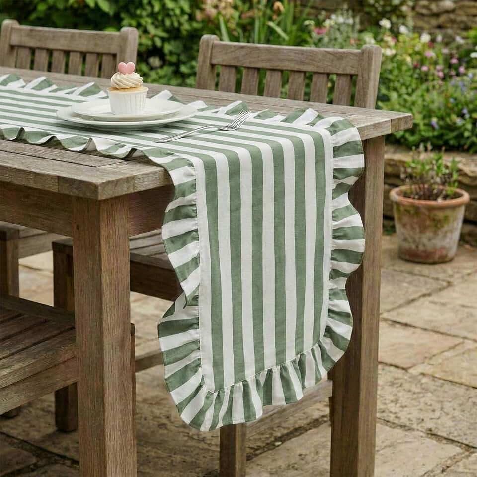Tegeme Green and White Stripe Ruffle Table Runner 100% Cotton 13" x 90"
