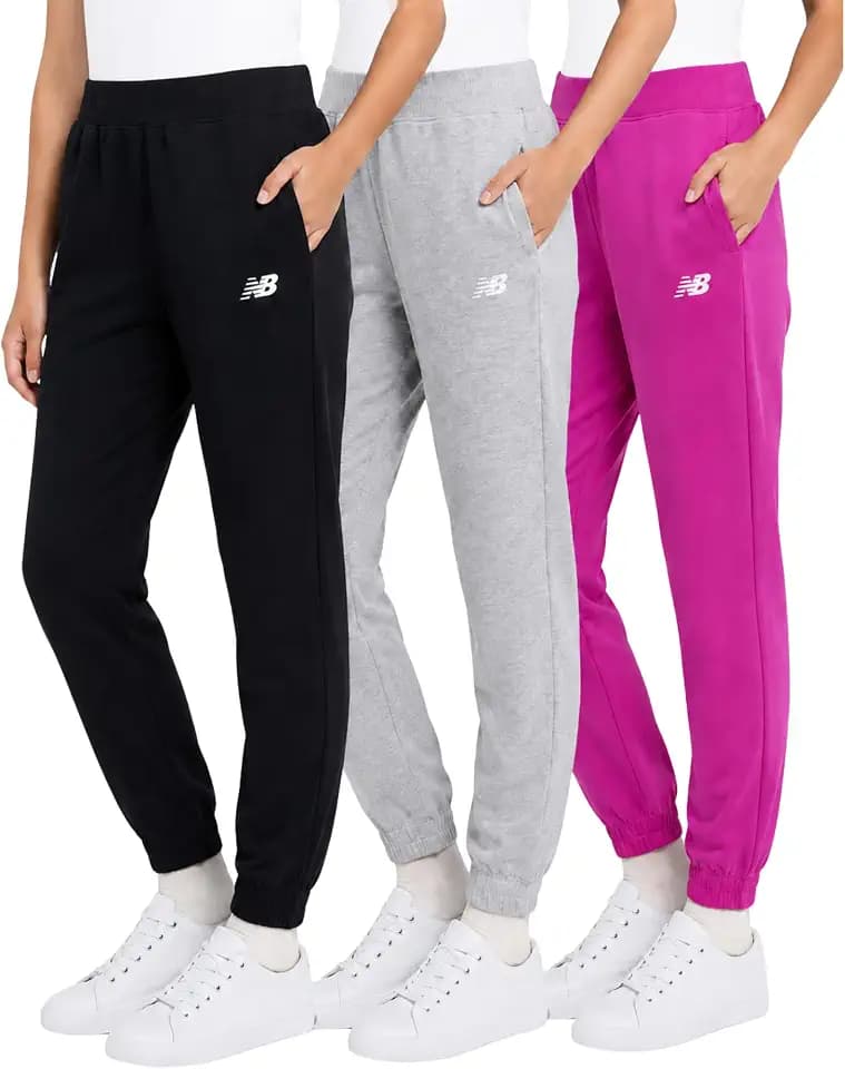 New Balance Girls Sweatpants 3-Pack, Soft Cotton Blend Fleece Joggers, 4-16