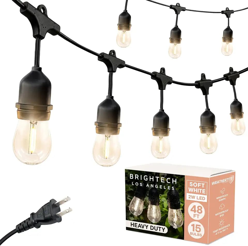 Brightech Ambience Pro LED Outdoor String Lights - Commercial Grade Waterproof Patio Lights with 48 Ft Dimmable Edison Bulbs, Porch String Lights for Patio, Backyard - 15 Bulbs 2W Soft White
