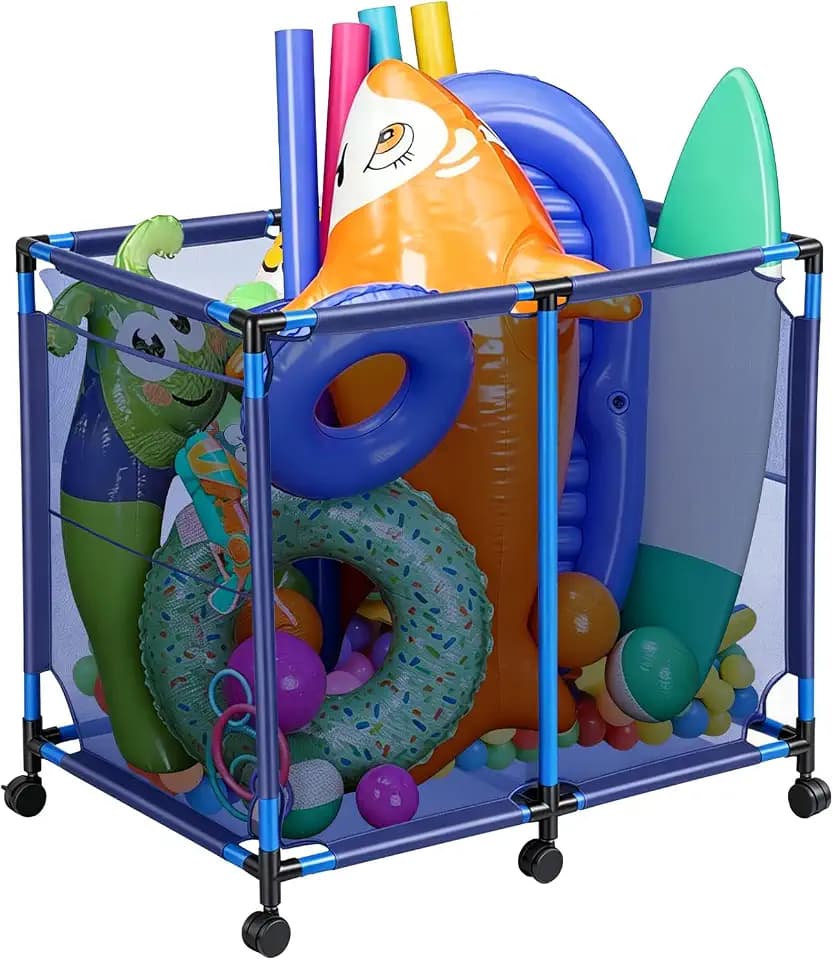 Pool Storage Bin Cart, Rolling Pool Storage Organizer Nylon Mesh Basket