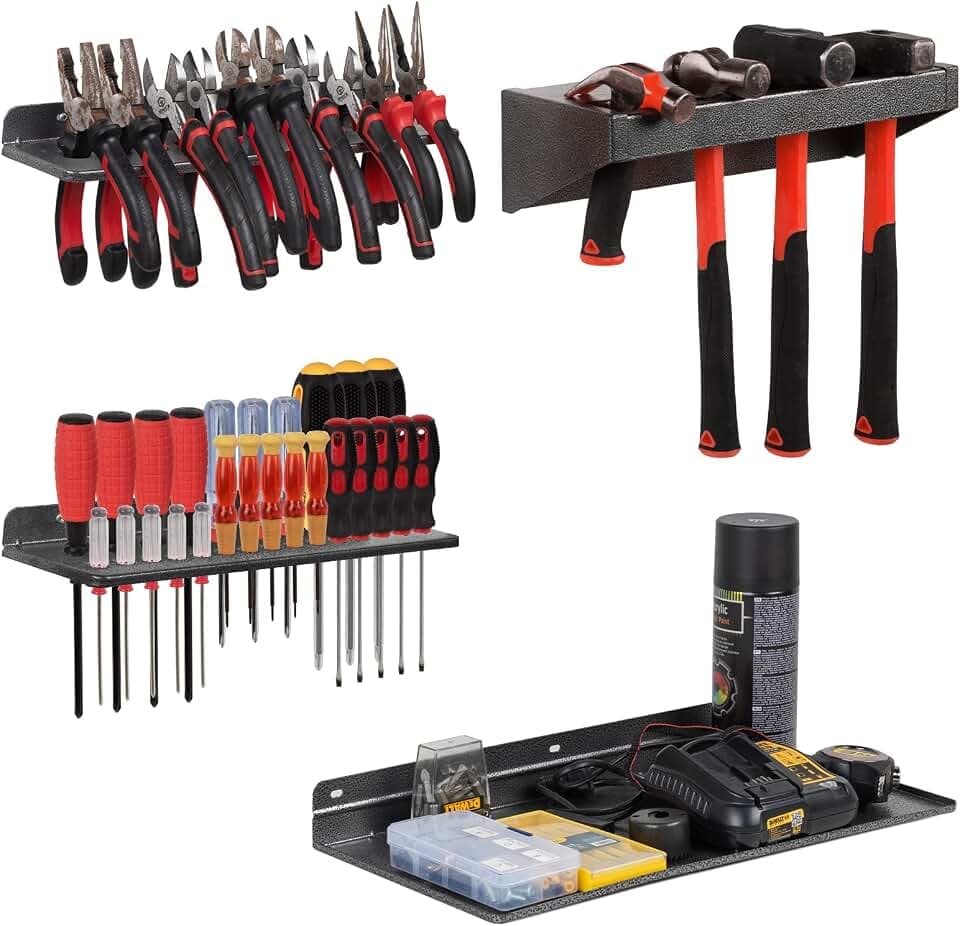 AHOWPD Schraubendreher-Organizer, Metall-Zangen-Organizer, Hammerregal, Schraubendreher-Halter, Handwerkzeug-Organizer und Aufbewahrungsregal, Wandhalterung für Garage, Werkstatt, Werkbank, 4 Stück