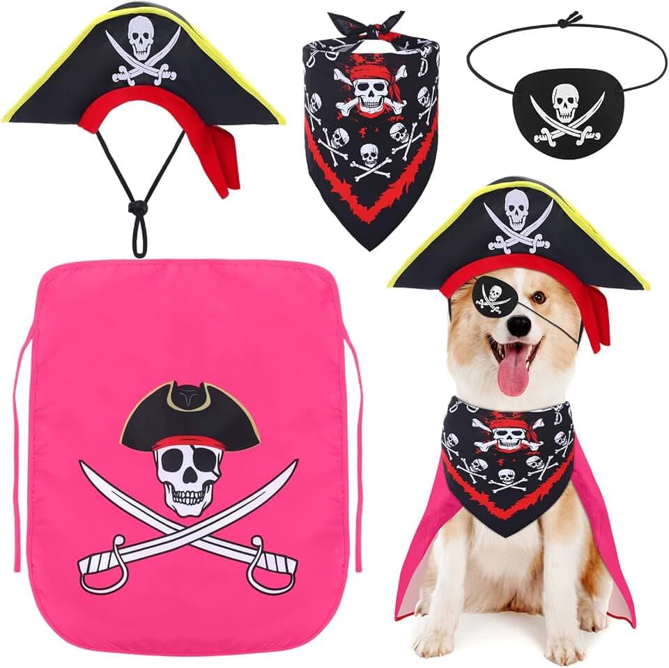 Huhumy 4 Pcs Dog Pirate Costume Hat Cape Bandana, Pink, Small