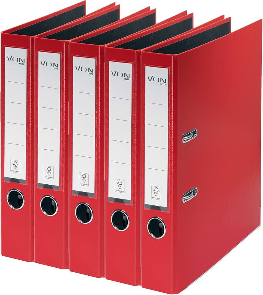 VON Leitz 5er Pack Ordner A4, Karton mit Kunststoffeinband, 50 mm Rückenbreite, Für 350 Blatt, FSC-zertifizierter Karton, Für Schule, Studium & Haushalt, Rot, 10561025