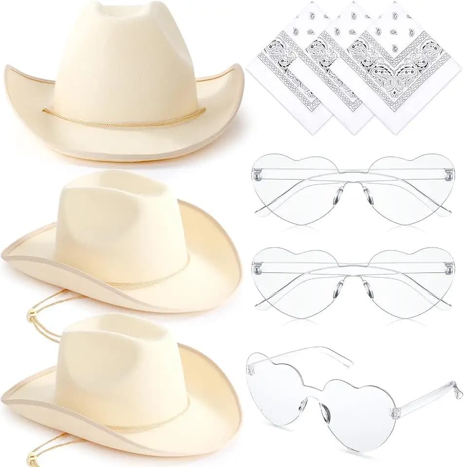 Geyoga 9 Pcs Adult Cowboy Hat with Paisley Bandanas and Heart Shape Sunglasses for Western Cowgirl Party Costume(Beige,Fabric)