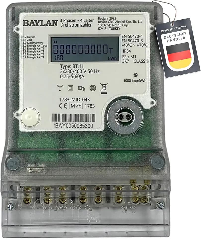 B+G E-Tech [BT.11 - MID 26] Drehstromzähler für Zählerplatzmontage - MID zertifiziert, Direktmessung bis 60A, Einzeltarifzähler mit interner Uhr, IR & RS485 Schnittstelle