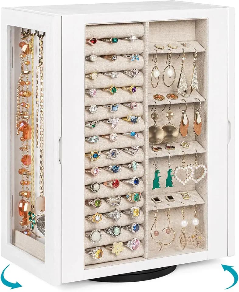 Schmuckkästchen 360° Drehbar, Große Holz Schmuckkasten Organizers 5 Schubladen, Glastüren, Vertikale Offenes Design Schmuckaufbewahrung für Ringe Ohrringe Halsketten Armbänder (Vintage Weiß)