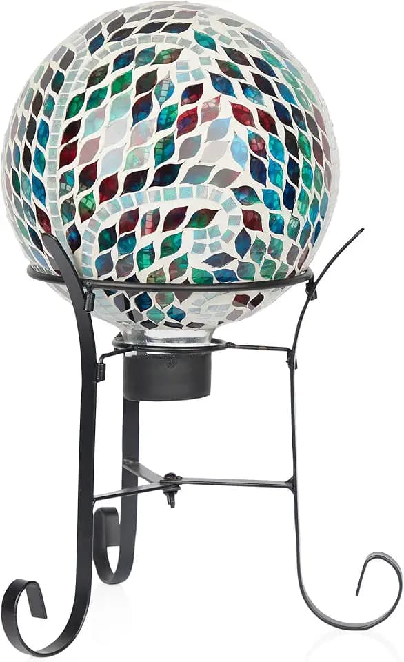 Alpine Corporation 8" Diameter Outdoor Mosaic Gazing Globe with Scroll Pattern and Metal Stand, Gazing Balls Yard Decor, 15" H - Green