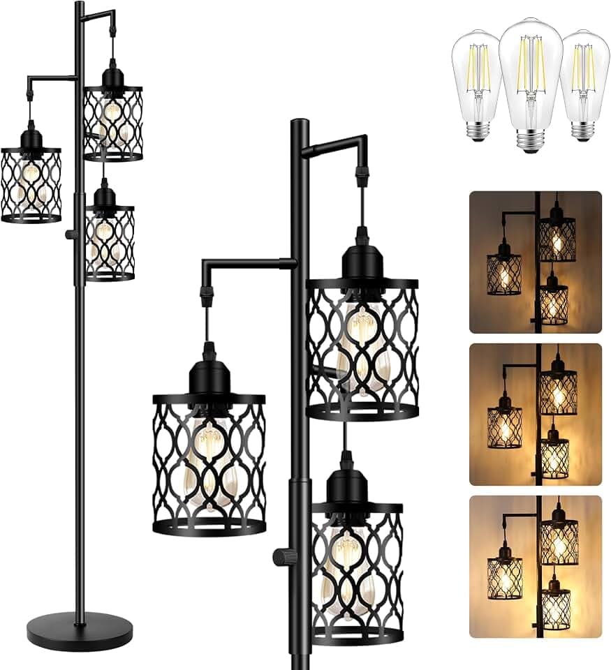 ROTTOGOON dimmbare 3-flammige Landhaus-Standleuchte 172cm - Industrielle Stehlampe mit 3x6W LED für Wohnzimmer, Schlafzimmer & Büro - Rustikale Stehleuchte, Schwarz