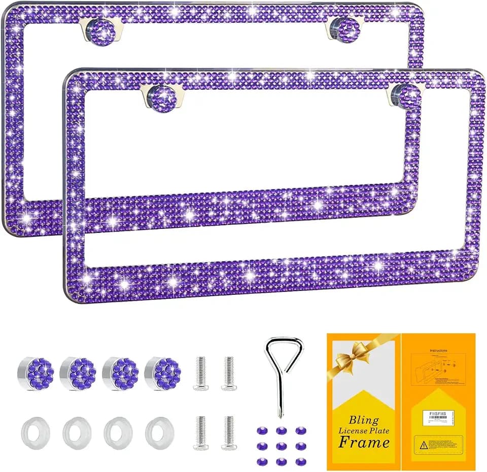 FIISFIIS Bling License Plate Frame for Women,2 Pack Premium Stainless Steel Rhinestone License Plate Holder,Handmade Glitter Crystal Diamond Lincense Plate Cover for Girl,Bedazzled Sparkly Caps-Violet