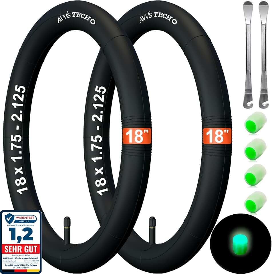 Fahrradschlauch 18 Zoll - Set 2 Stück, Autoventil AV 32/40mm, Schlauch 18 x 1.75/2.125-18 Zoll Räder für Klapprad, Kinderfahrrad & Bollerwagen, Schraderventil (2er Pack)