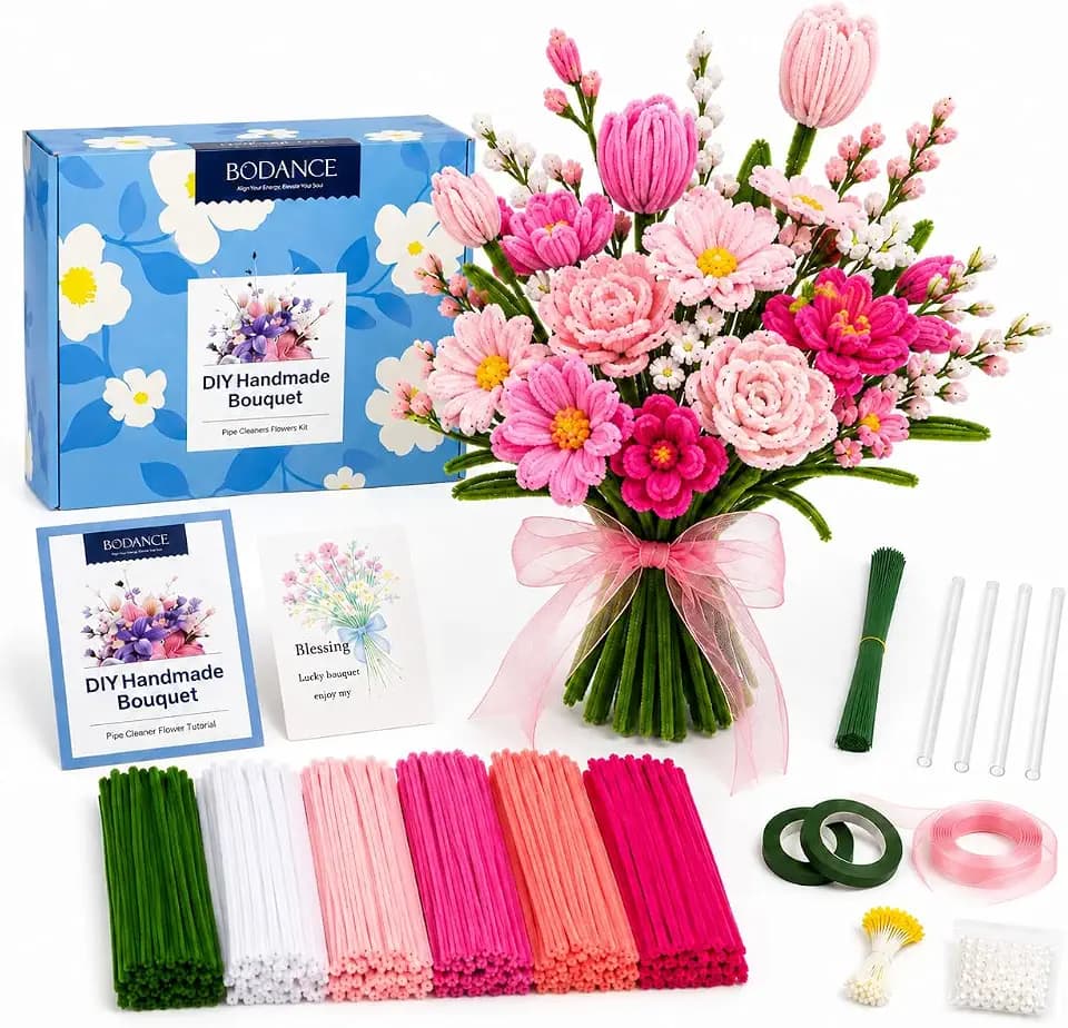 BODANCE DIY Pipe Cleaner Flowers Bulk, Light Color, 600pcs, 6 Colors