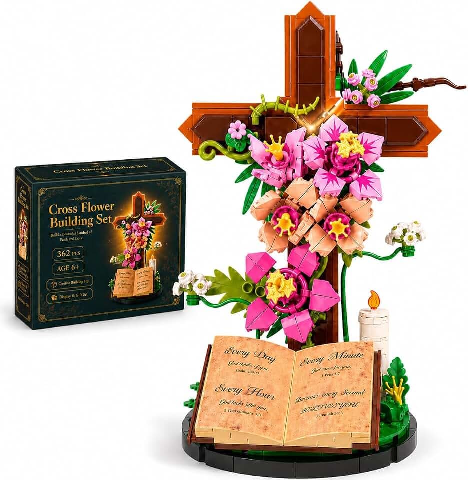 Jesus Cross Set,Flower Building Block Set for Adults, Faith Inspired Crucifix Brick Model with Floral Design, Religious Home Desk Decor, Christian Gift for Easter, Prayer Room