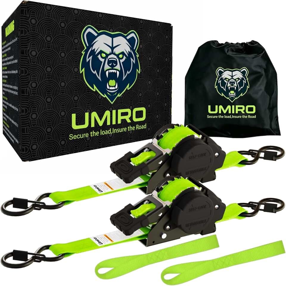 Retractable Ratchet Straps 1 Inch x 12 Feet Heavy Duty Tie Downs Auto Retract Strap 1760lb Break Strength,Self Retracting for Truck,Cargo,Trailer,Motorcycle,ATV,UTV (Fluorescent Green,2 Pack)