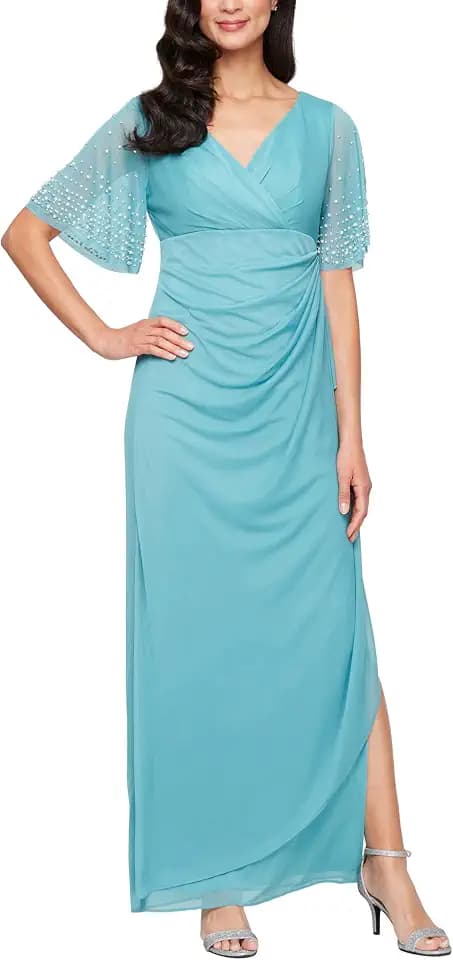 Alex Evenings Women's Long Stretch Sequin Bodice Mother of The Bride Dress with Empire Waist (Petite and Regular Sizes)