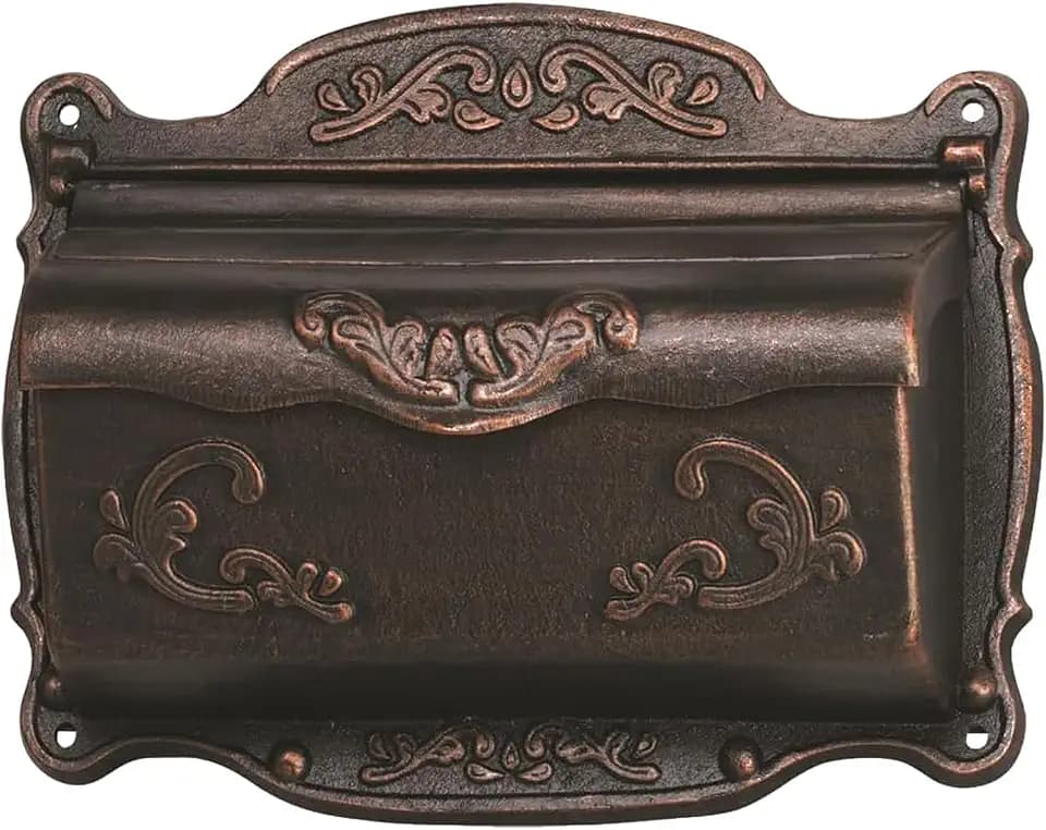 Antique Bronze Finishing Cast Aluminum Wall Mounted Mailbox, Weather-Resistant, Elegant Vintage Design. Size: 17.5" D x 5.3" W x 12.25" H. Includes 4 Pieces Finish Mounting Screws