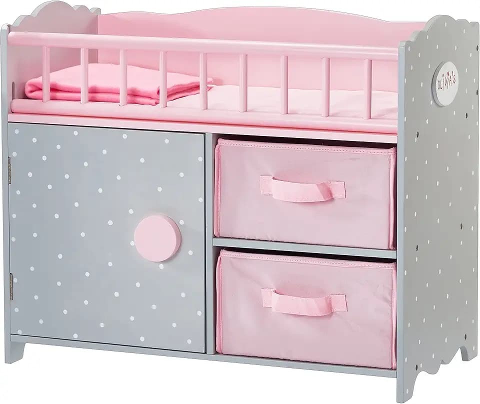Olivia's Little World Wooden Baby Doll Crib with a Cabinet and Two Cubbies for Doll Accessory Storage Underneath, Pink and Gray and White Polka Dots