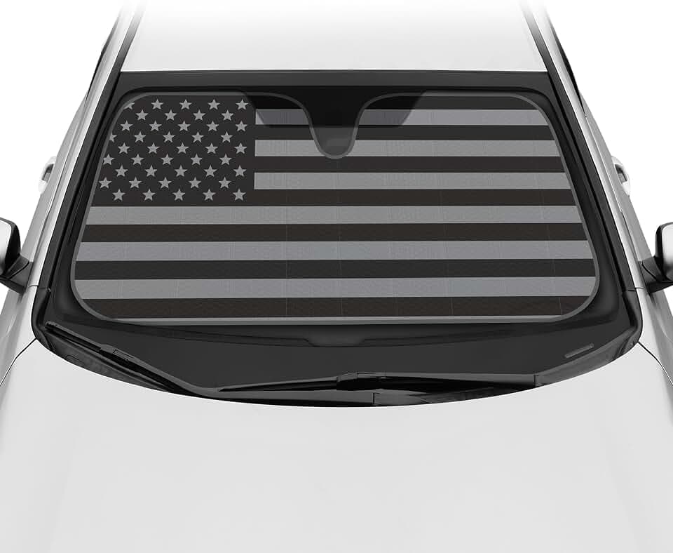 BDK USA 4th of July American Flag Black Curved Accordion Sun Visor for Car Windshield Cover - Truck Window Shades Car Flag & Sun Visor for Truck Windshield Sunshade - 58 x 27 inches