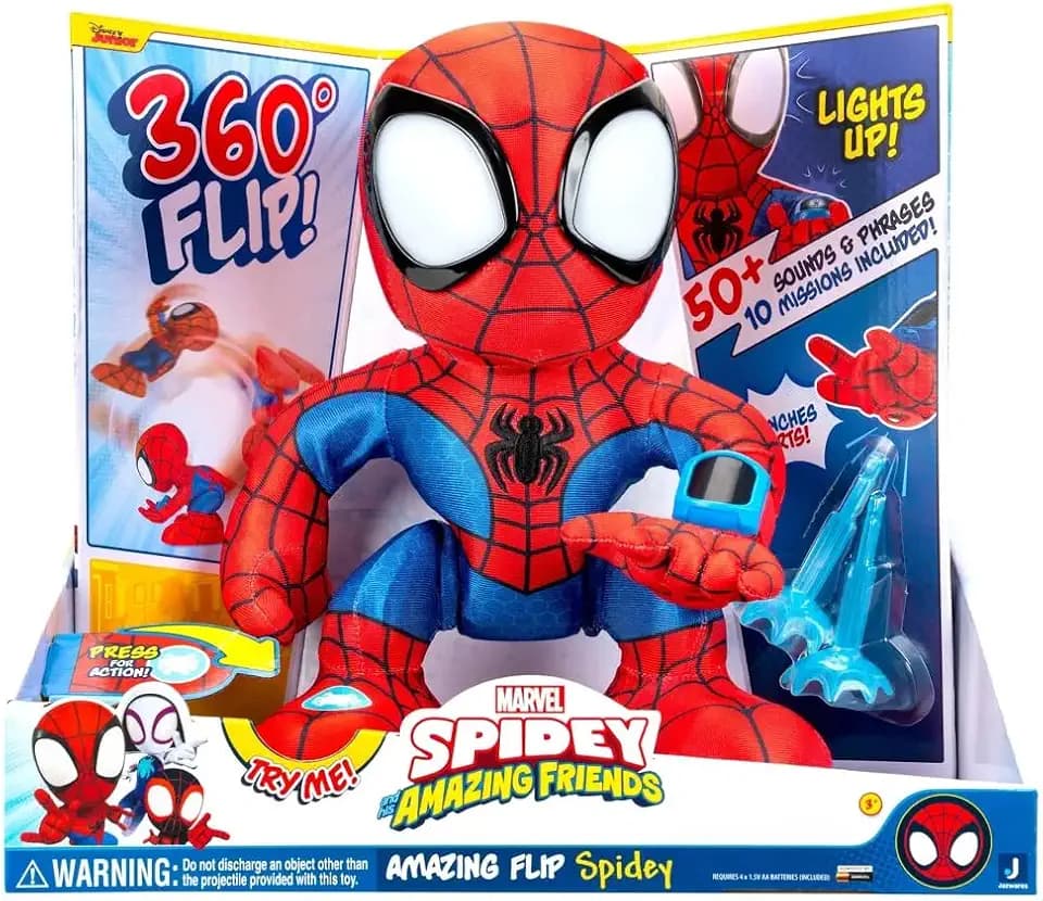 Spidey and His Amazing Friends Amazing Flip Spidey - 12-Inch Animatronic Plush with Lights, Sounds, and Web Dart Launcher - Marvel Spidey Toys
