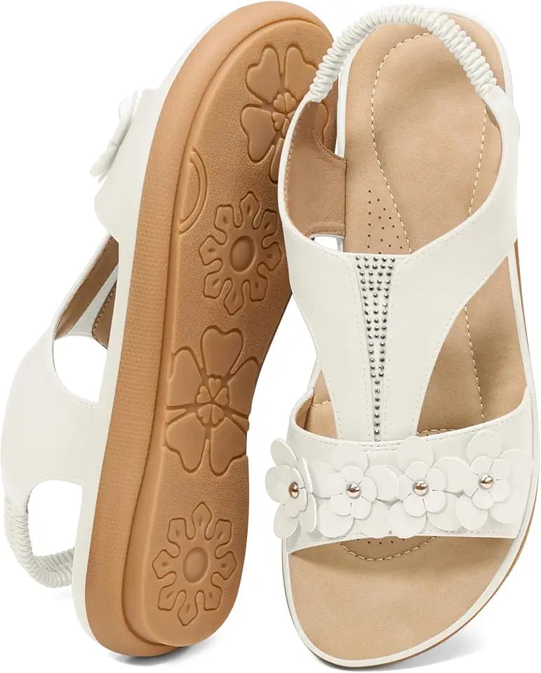 Reimferce Womens Sandals Dressy Flats: Elastic Ankle Strap Comfortable Sandals for Women Open Toe Summer Walking Beach Flat