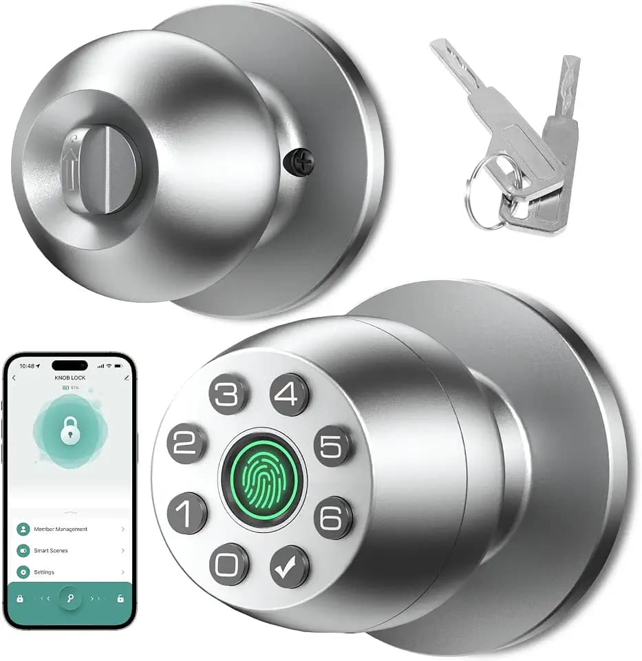 Fingerprint Door Lock, smart Door knob with Fingerprint and keypad Password, App-Controlled biometric Door Lock, keyless Entry, Suitable for bedrooms, Offices, Hotels, Apartments (Matte Silver)HL-6