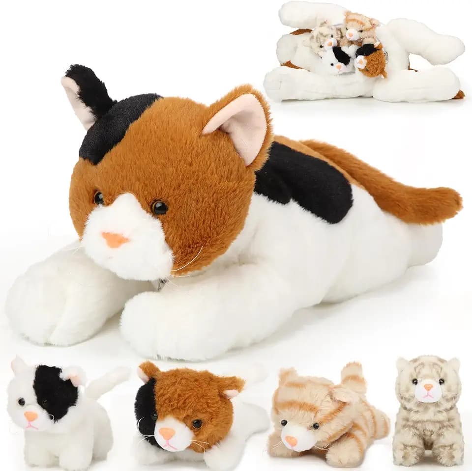 Skylety 5 Pcs Cat Stuffed Animal with Kittens Inside, Orange, Black, White