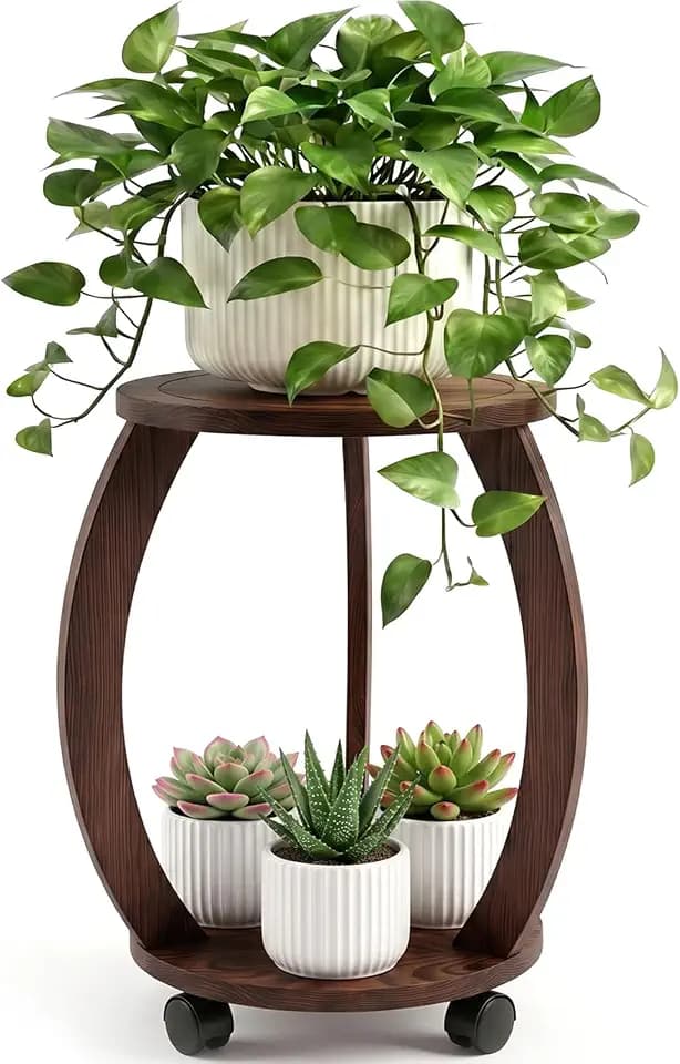 2 Tier Wooden Plant Stand Indoor with Wheels – Tall Plant Stand for 6-12 Inch Pots, Mid-Century Modern Rustic Plant Table Indoor, Pedestal Stand for Corner, Living Room, Balcony, Dark Brown