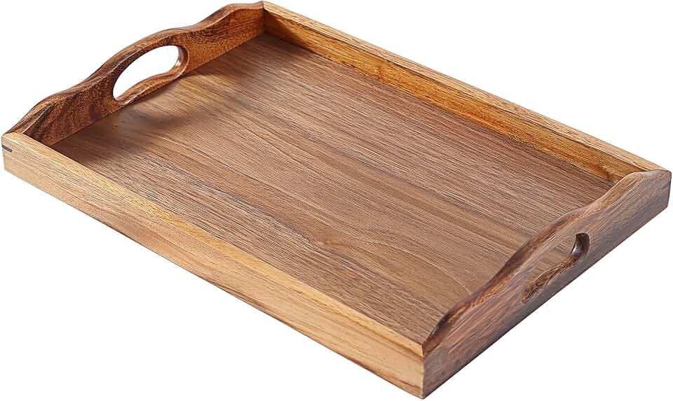 Nature Serviertablett aus Walnussholz, mit Griffen, Massivholz, für Kaffee, Frühstück, Abendessen, Ottomane, 42 x 30 x 6 cm
