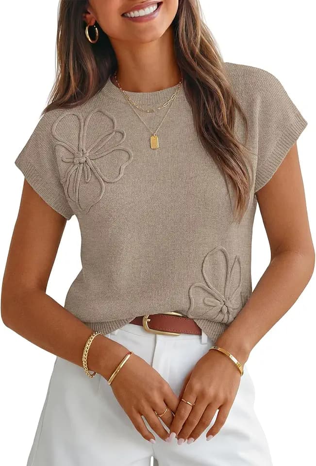 MEROKEETY Women's Fall Floral Short Sleeve Sweaters Cute Trendy Work Tops