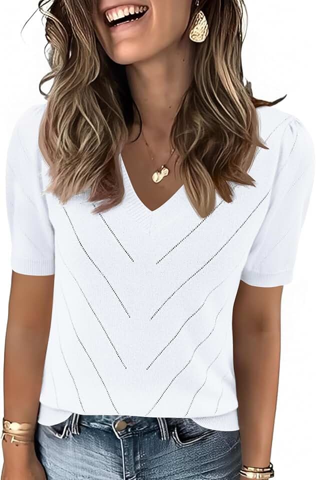 LOMON Womens Sweaters Puff Short Sleeve V Neck Lightweight Knit Summer Tops