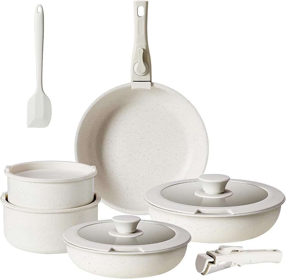 Sweetcrispy 12 pcs Pots and Pans Set, Nonstick Kitchen Induction Cookware Suit with Detachable Handle, Dishwasher Oven Safe, Milky White